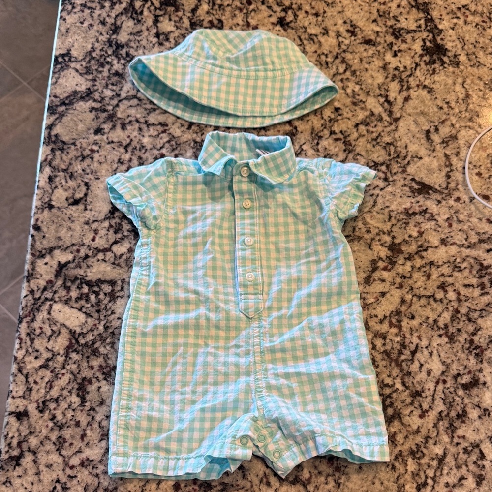 The Children's Place Teal and White Gingham Baby Romper